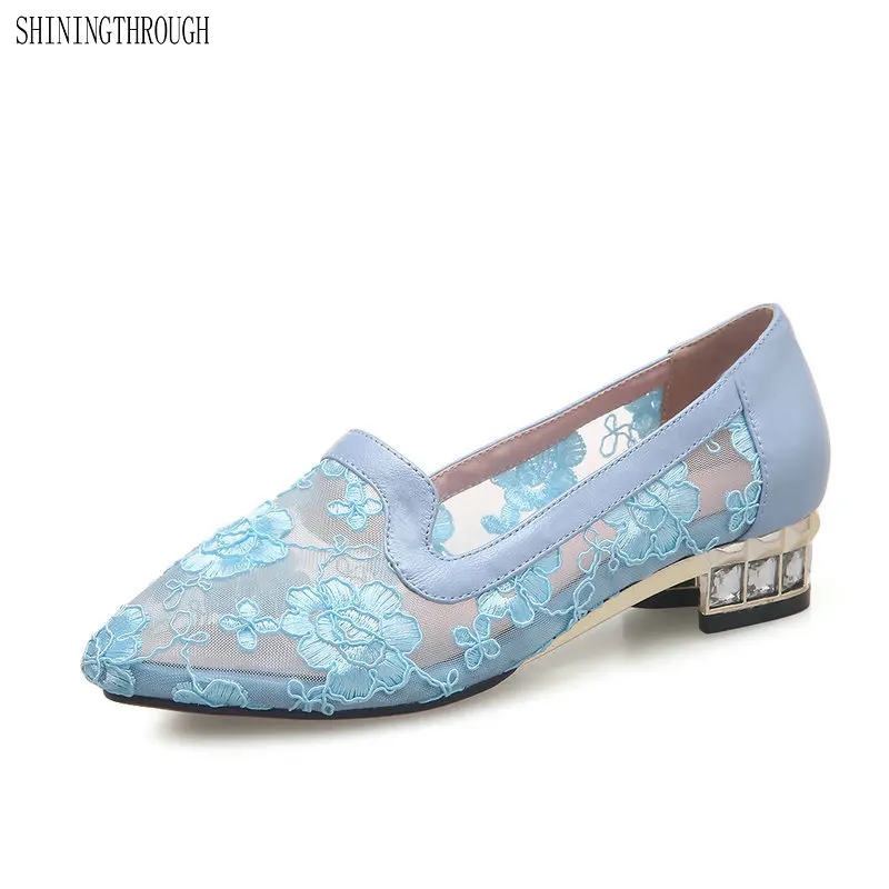 

2018 lace breathable mesh woman pumps bridal wedding party dress shoes 3cm low heels women shoes large size 43