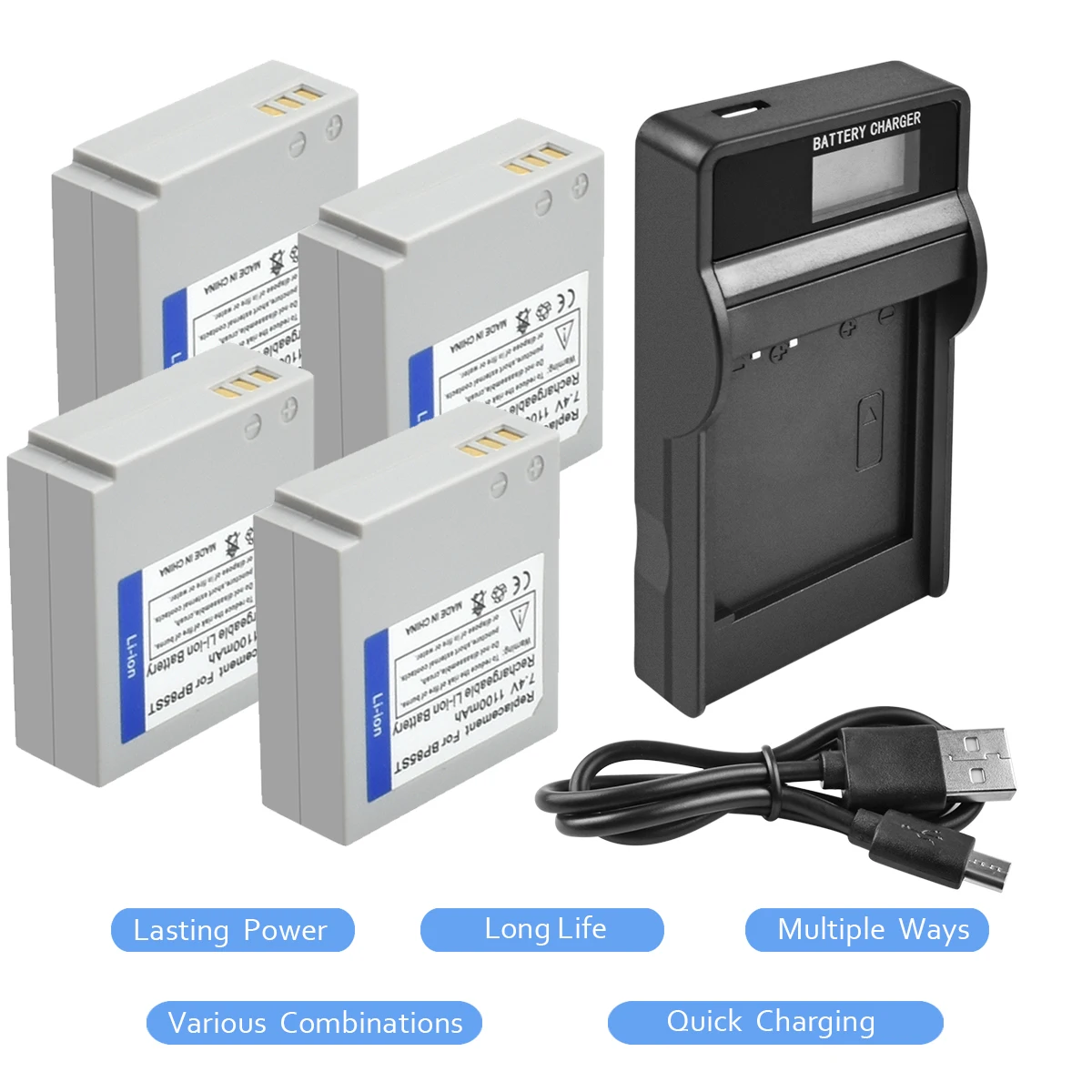 

4Packs 7.4V 1100mAh IA-BP85ST Li-ion Battery+1Port Battery Charger with LED For Samsung VP-MX10 SMX-F30 SMX-F33 L20