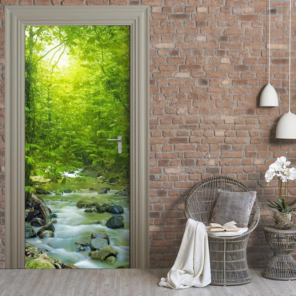 Зеленый с изображением леса и реки дверь картина Фреска сникерсы дверь наклейка обои переводки украшение для дома Oct160019