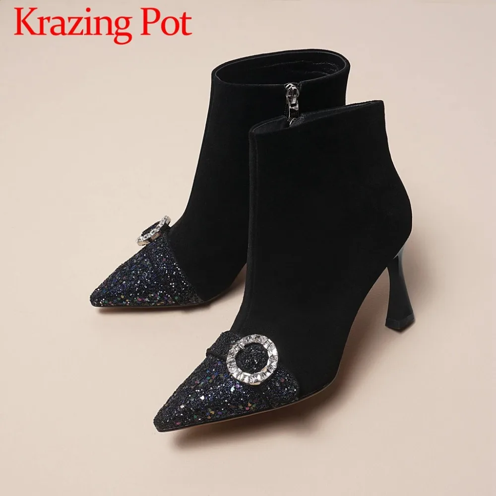 

Black color zip kid suede pointed toe high heels colorful shinig sequin metal buckle british style beauty girls ankle boots L44