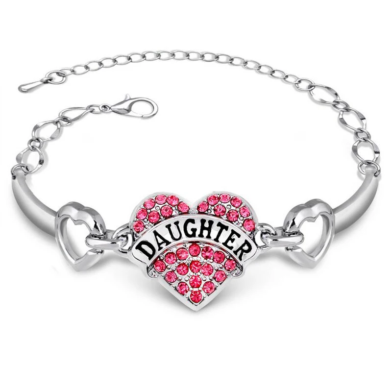 Daughter Letters Bracelets For Girls Silver Crystal Rhinestone Heart