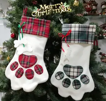 

Burlap Christmas Stockings Wholesale 150 pcs/lot Pet Dog Plaid Paw Stocking 2018 Christmas Large Socks Decoration