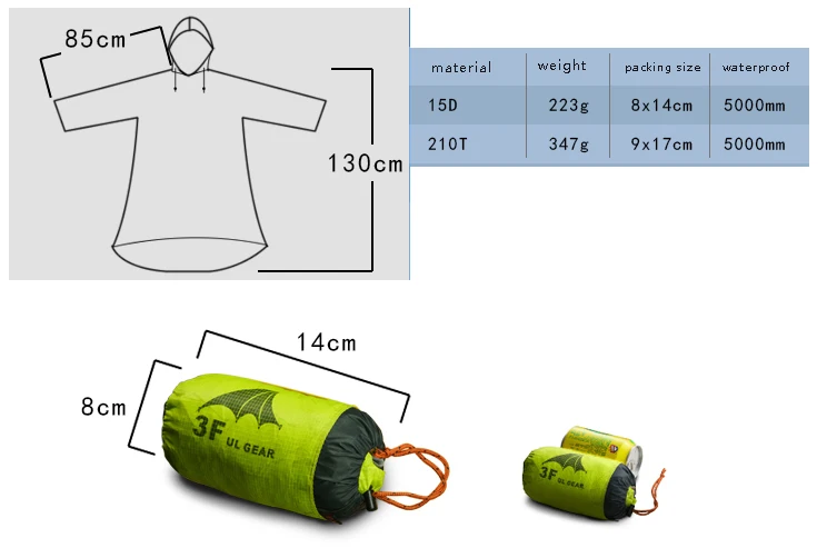 3F UL Шестерни один человек Сверхлегкий Пеший Туризм Велоспорт плащ открытый тент Кемпинг Брезентовая защита от дождя 15D силиконовые 210 T тафта