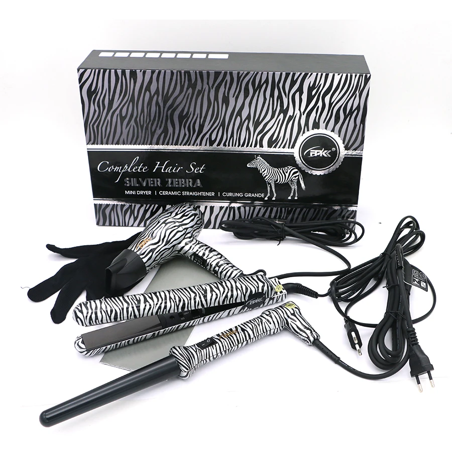 

Hair straightener+Hair dryer+Curling Iron FMK professional Styling tool Set flat irons wand hot curler european plug White Zebra