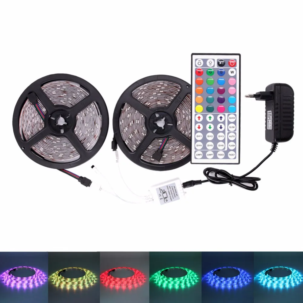 

5050 RGB LED strip light waterproof 5m 10m fita de led Lights tape diode feed tiras lampada DC 12V+Remote Control+Power Adapt