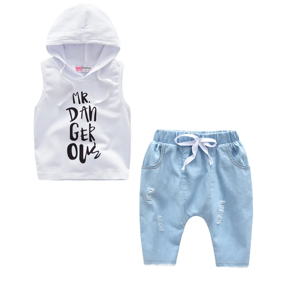 Sleeveless Baby Boy Summer Clothes White Hooded T shirt Toddler Clothes