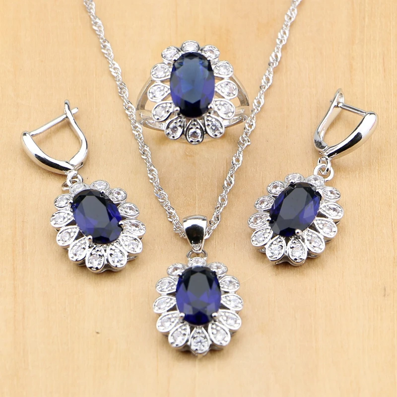 

Silver 925 Bridal Jewelry Blue Zircon White Beads Jewelry Sets For Women Wedding Earring/Pendant/Ring/Necklace Set