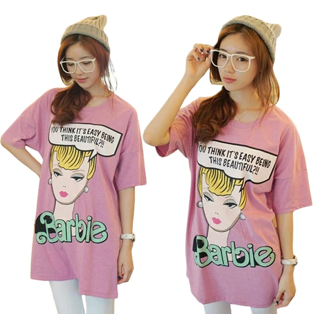 Dibujos Animados Rosa Camiseta Manga Suelta De Corta Gráficos Barbie Color ECxqpt