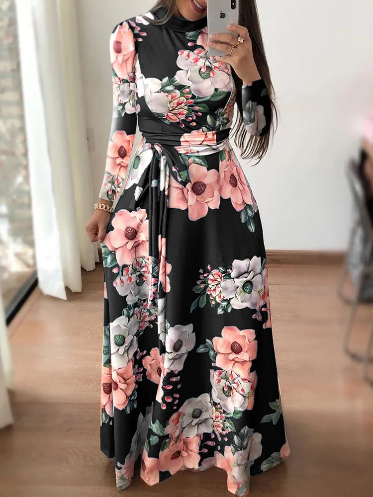 Danjeaner стиль женское с длинным рукавом с цветочным принтом длинное платье весна водолазка размера плюс Макси платье с поясом элегантное