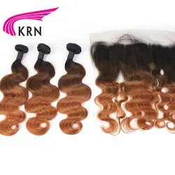 КРН Ombre бразильский Волосы remy комплект из 3 предметов Связки с 13*4 уха до уха Кружева Фронтальная застежка Блондинка Тело Волна Пряди