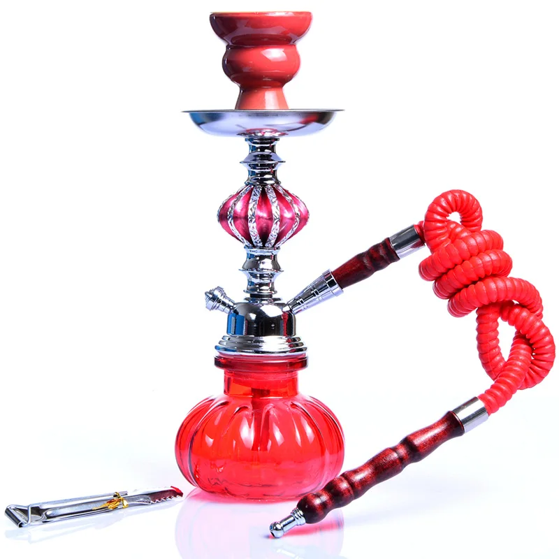 4 цвета стеклянная Шиша кальянная Трубка Набор с керамической чашей Sheesha синтетический кожаный шланг металлический уголь щипцы Chicha инструменты для наргиле - Цвет: Red