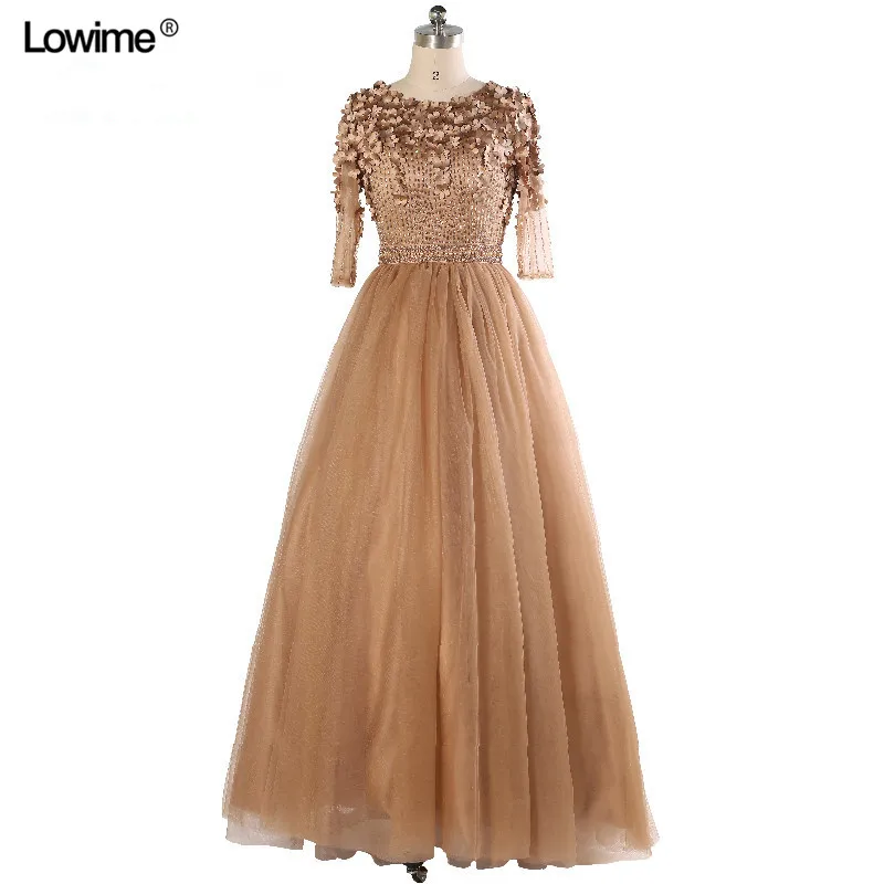Elegant Long Muslim Golden Formal Evening Party Prom Dress Dubai
