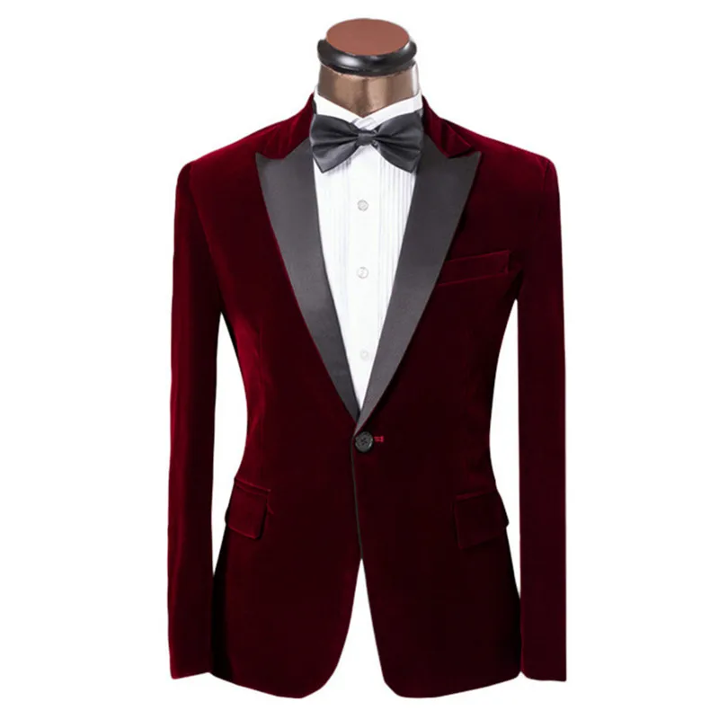 Peak Lapel Burgundy Velour Blazer Fit Men Suit Men Velvet Party Prom