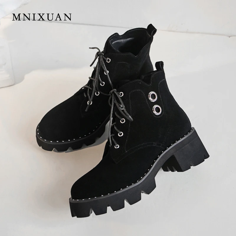 MNIXUAN high quality shoes women martin boots ankle boots winter new platform high heels lace up short boots big size 34-43