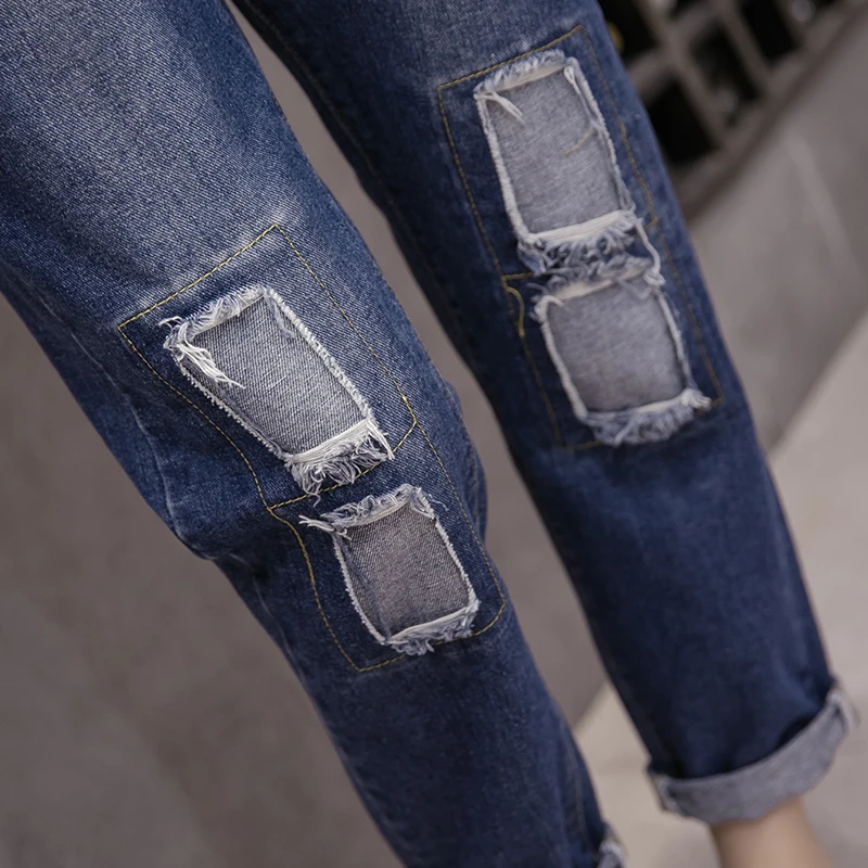 S-5XL большой размер свободные повседневные рваные джинсы для женщин эластичный пояс выдалбливают лоскутное шаровары джинсовые Отверстия длинные джинсы femme