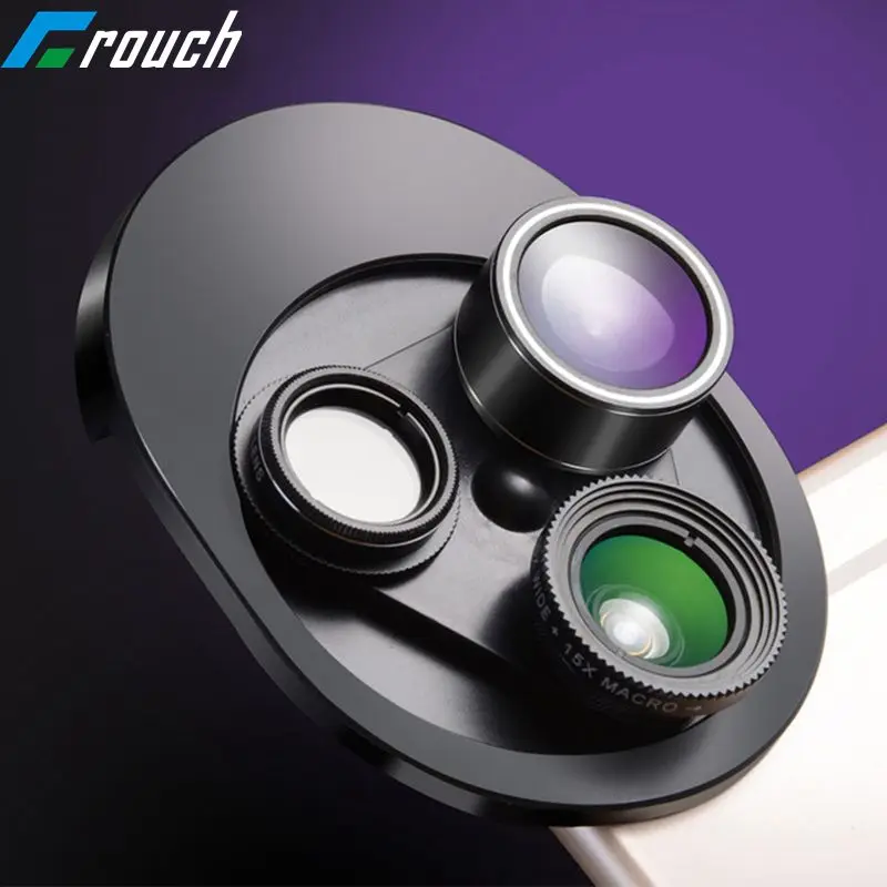 

4-in-1 Phone Camera Lens Kit Aluminum Clip-On 198 Degree Fisheye Lens + 0.63X Wide Angle + 15X Macro Lens For iPhone Xiaomi