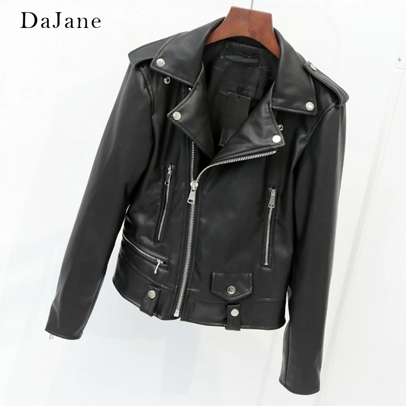 

DaJane Spring New Ladies Short Lapels Leather Slp Style Pu Leather Jacket Slim Jacket Haining Large Size 4XL