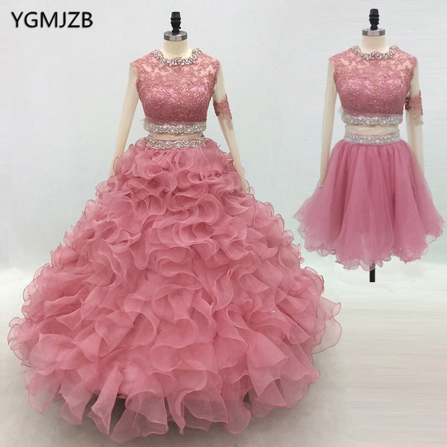 $ Organza Quinceanera Dresses 2018 Ball Gown Long Sleeves Crystal Embroidery Lace Puffy Prom Dress Sweet 16 Vestidos De 15 Anos