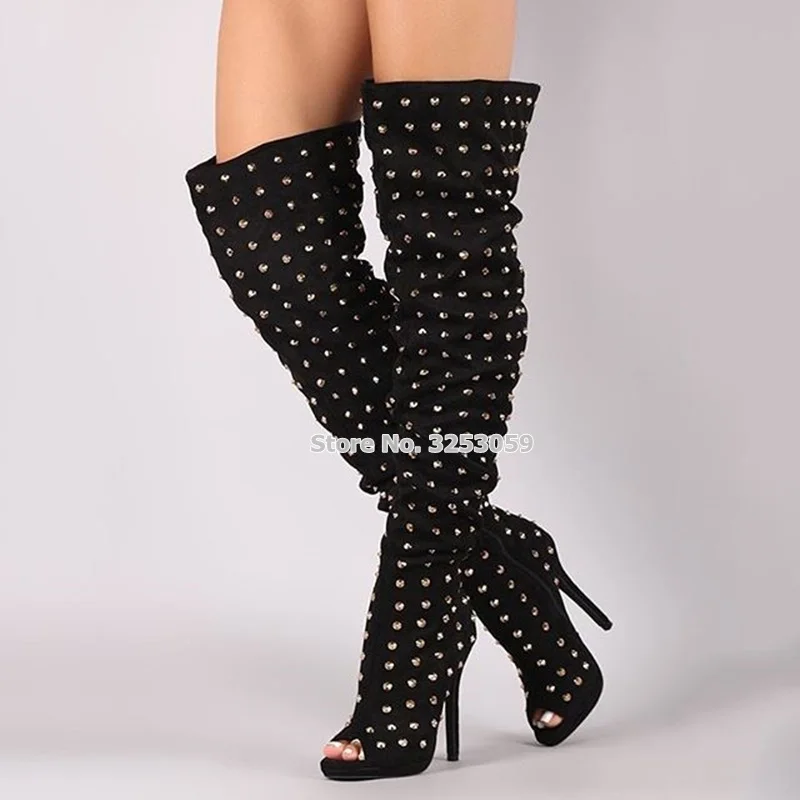 

ALMUDENA Women Black Suede Metal Rivets Long Boots Open Toe Thigh High Studded Gladiator Boots Stiletto Heels Zipper Shoes Pumps