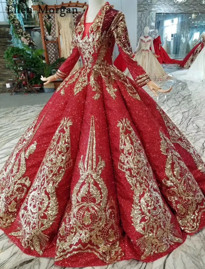 Красочные красные блестящие ткань бальные платья свадебные 2019 индивидуальный заказ V средства ухода за кожей шеи одежда с длинным рукаво
