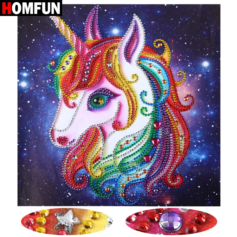 

HOMFUN 5d Diy Diamond Painting Cartoon unicorn Picture Of Rhinestones Special Shaped Round Diamond Embroidery Home Decor 25x25
