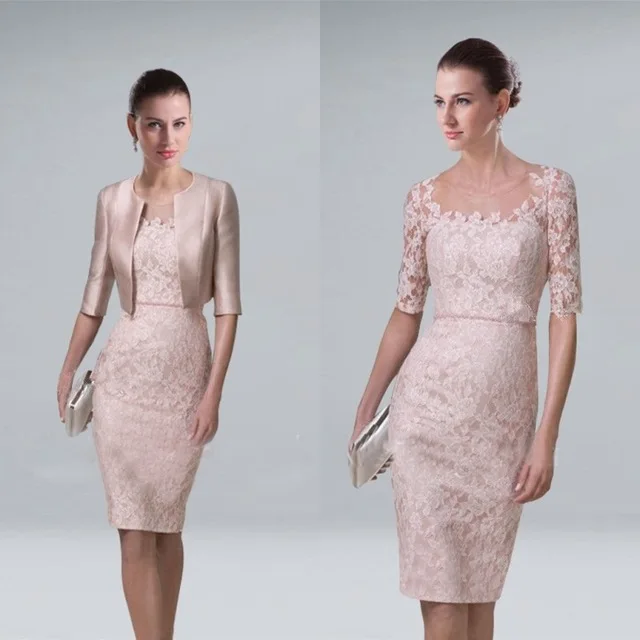 Free Shipping  Pink Lace Short Mother of the bride dresses Plus size with Jacket Half Sleeve Formal Dress Mother d