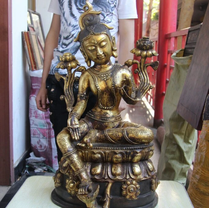 

s S3082 26 Tibet Buddhism Temple Bronze Copper Green Kwan-yin Guanyin Bodhisattva Statue