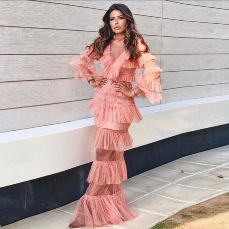 

Chic Tiered Tulle Mermaid Evening Formal Dresses Full Sleeves 2019 Fashion Ruffle Pink Women Long Prom Gowns Custom Party Dress