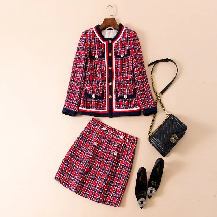 

European and American women's wear autumn 2018 The new Long sleeve The fox buttons Plaid coat + skirts Tweed suit