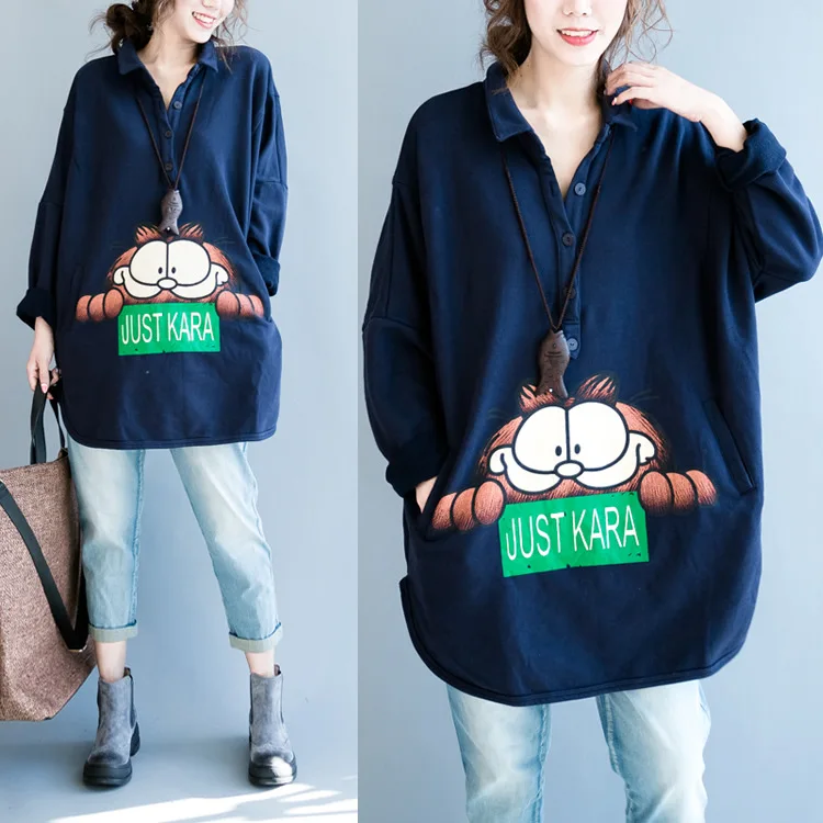 

Autumn dress Korean loose large collar thickened cotton loose bat sleeve Lapel T-shirt women's plus size women 100 % COTTON