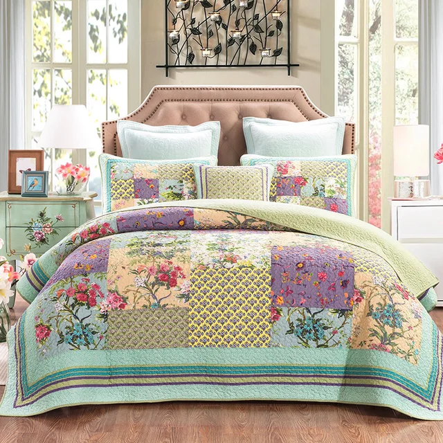 $US $109.89 CHAUSUB Bedspread on the Bed Cotton Quilt Set 3 Piece Patchwork Floral Print King Size Coverlets Green Quilted Blanket for Bed