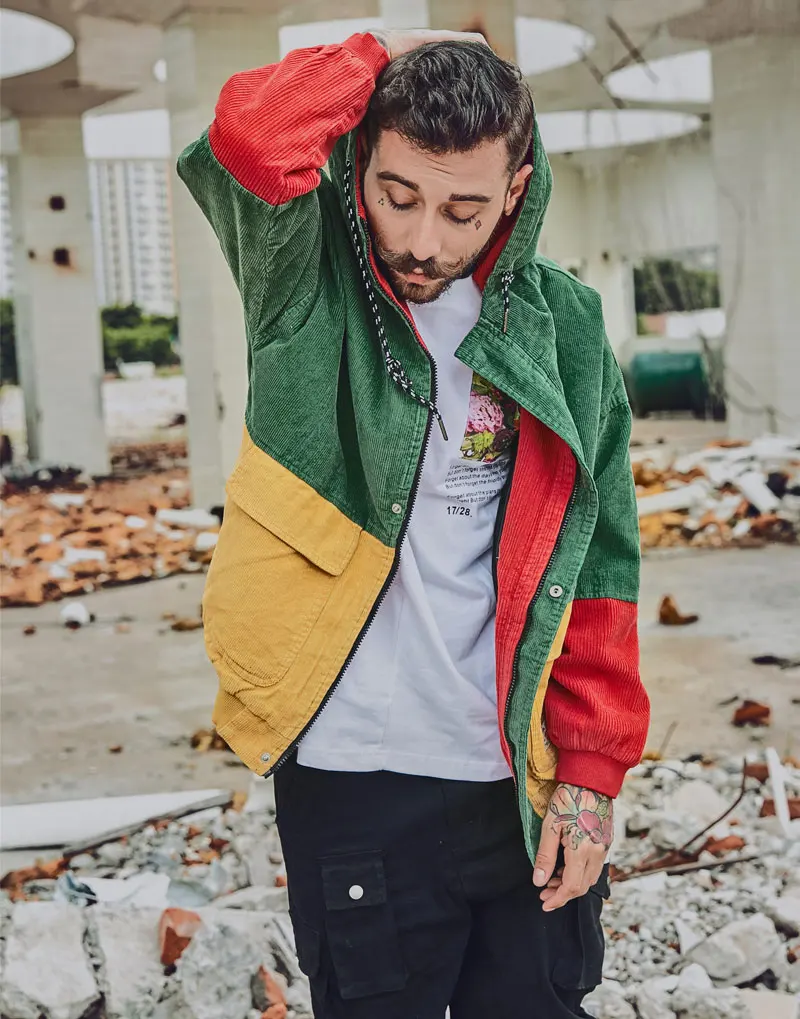 Color Block Patchwork Corduroy Hooded Jackets 2