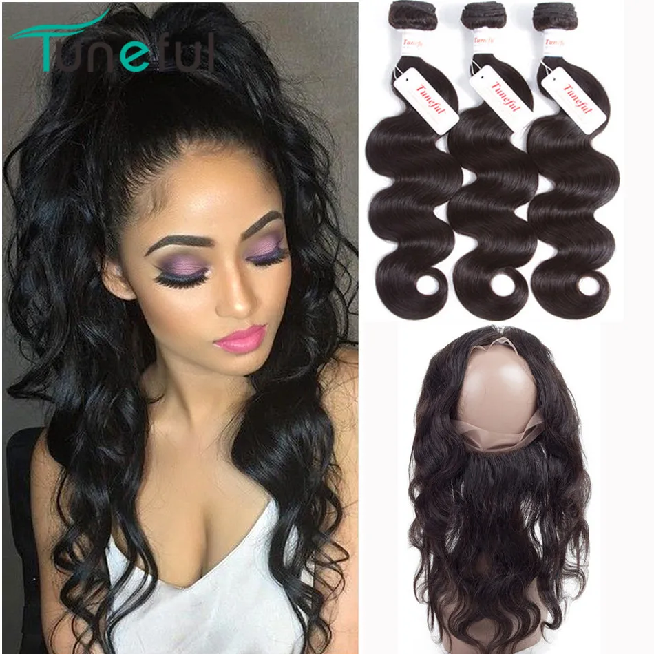 melhor 360 Melodioso Frontal Com Feixes Onda Do Corpo 100% Peruano Remy Do Cabelo Humano Trama Weave Pré Arrancadas 360 Laço Frontal Com pacote