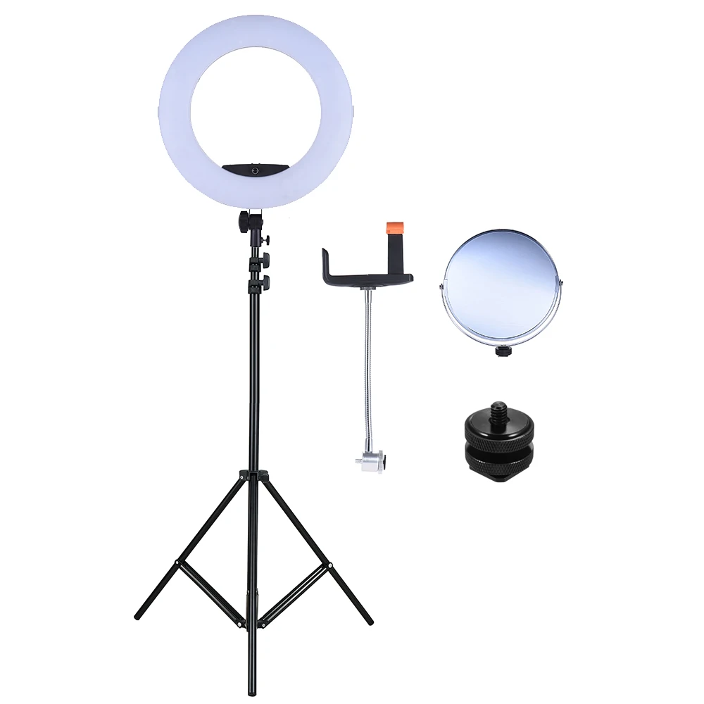 

FD-480II 96W Bi-color 3200-5500K Macro LED Video Ring Light Lamp w/ LCD Display+Light stand+Adapter+Make-up Mirror+Phone Holder