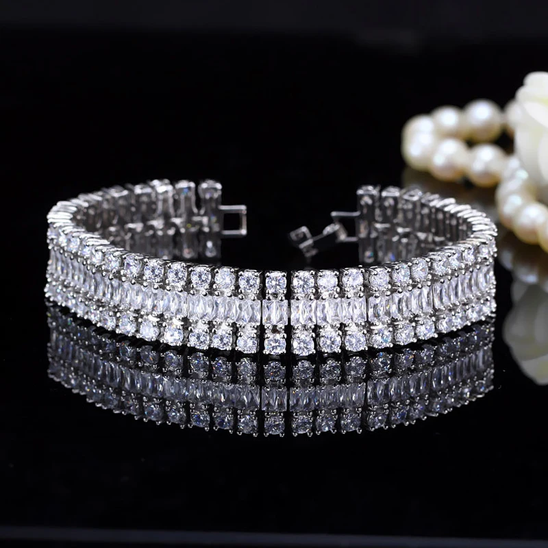 ANGELCZ роскошные свадебные аксессуары широкий браслет ручной работы Pave 3 ряда кубического циркония свадебные браслеты для женщин ювелирные изделия AB085