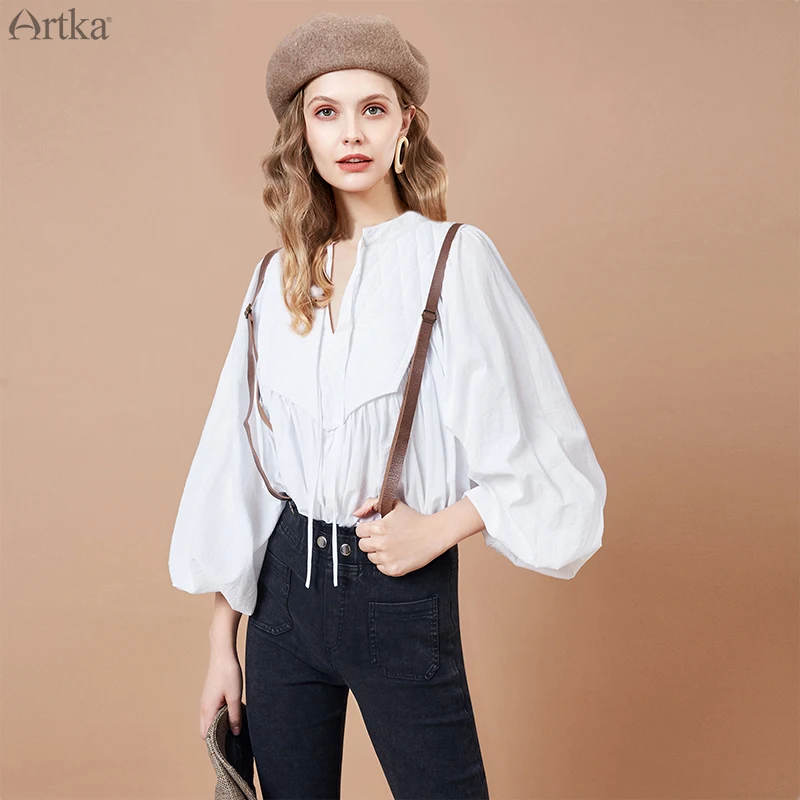 ARTKA, Весенняя женская белая блузка, хлопок, v-образный вырез, рукав-фонарик, длинная рубашка, Свободные повседневные женские топы SA10498C