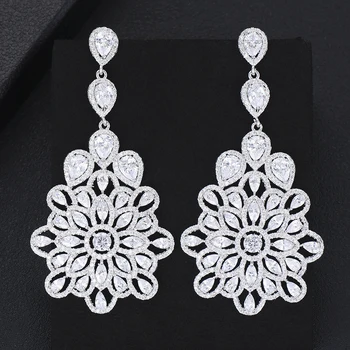 

SisCathy 39mm*77mm Long Silver Statement Earrings For Women Fashion Jewelry Dangle Earrings Cubic Zirconia Inlaid Drop Earrings