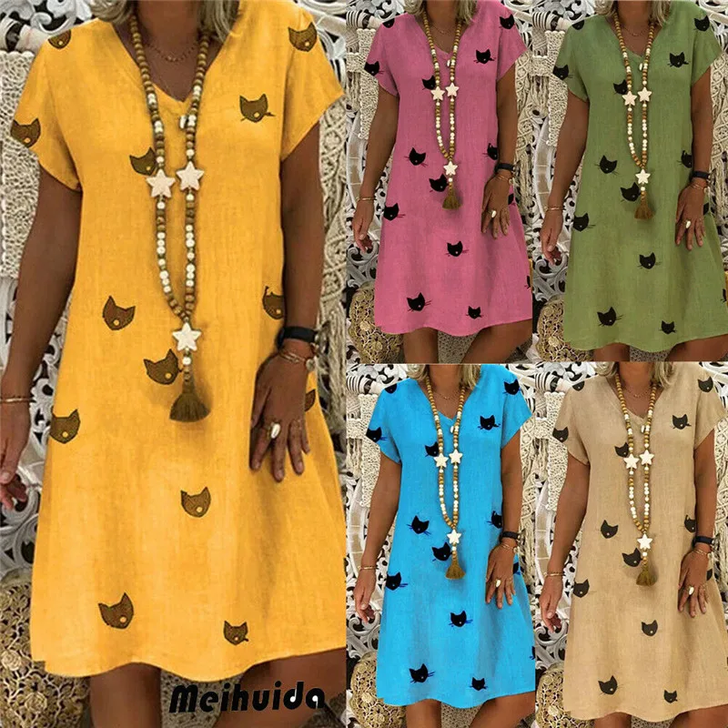 

Women Summer Cotton Linen Baggy Dress Ladies Casual Cute Sundress Plus Size