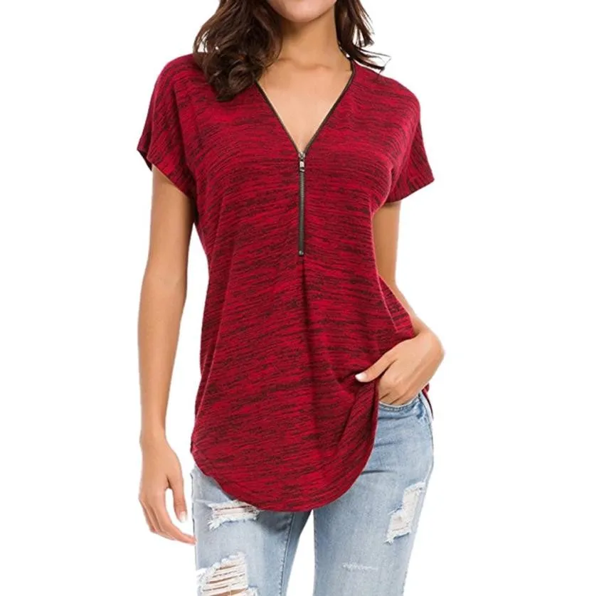 Womens Cotton Blended Zipper Loose Fitting Zip Up V Neck Short Sleeve