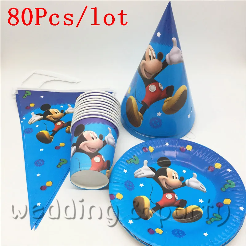 beipanqiqimao 80pcs 80 шт./компл. Микки Маус 20 тарелок+ 20 чашек+ 20 флагов+ 20 шапок вечерние товары на день рождения 10 человек Декоративная скатерть для вечеринки набор - Цвет: beipanqiqimao 80pcs
