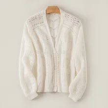 Мохер полушерстяной джемпер V вырез выдалбливают вязаный кардиган топ-женский серый вязаный свитер спереди на пуговицах и с длинными рукавами