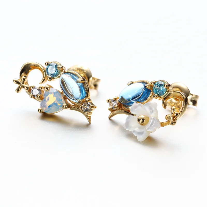 

Elegant 9K Pure Real Yellow Gold Sappire Shell Flower Pierced Earrings for Women Girl Fancy Solid Crystal Stud Fine Jewelry Gift