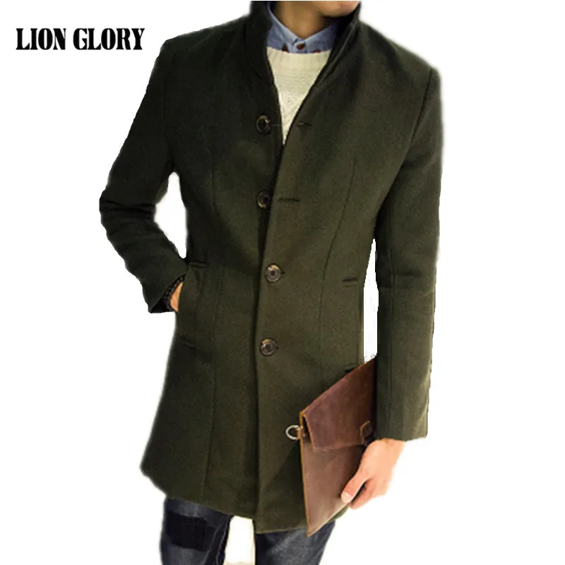 Men's Long Woolen Coat Winter Wool Men's New Autumn and Winter Solid Color Slim Casual Windbreaker Jacket Mens Green Wool Coat