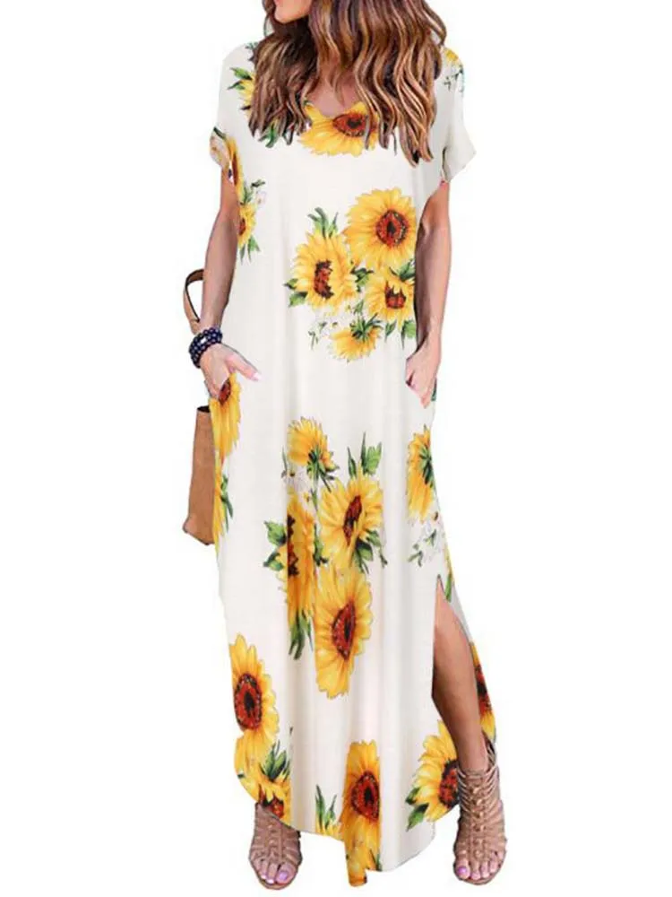 

spring Summer Dress 2019 Women Casual Short Sleeve split long dress Loose Vintage Floral Printed Dresses Female Beach Vestidos