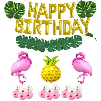 

36 Pieces Summer Flamingo Party Decoration Set Tropical Leaves Lantern One Year Gold Foil Balloon Hawaiian Luau Jungle Decor