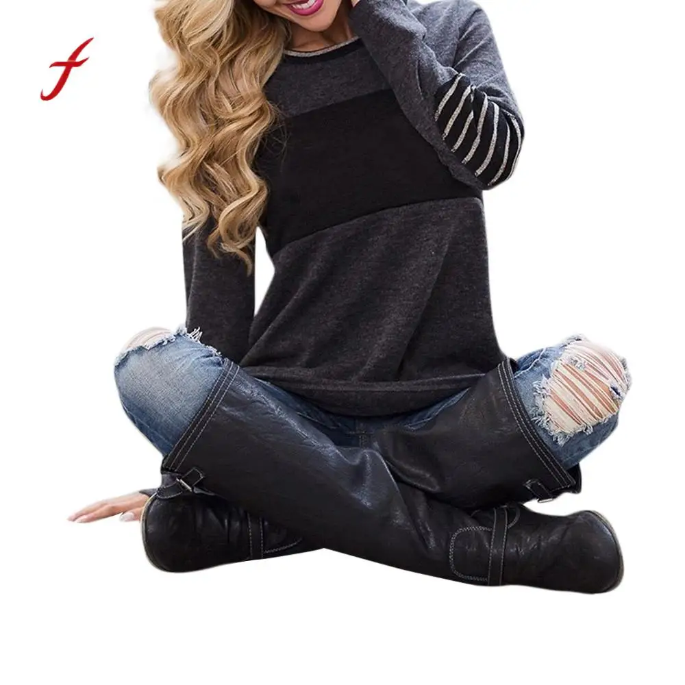 Round Neck Patchwork Stripes Long Sleeve T-Shirts