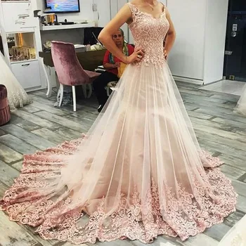 

Peach Vestido De Noiva 2019 Muslim Wedding Dresses A-line Sweetheart Tulle Appliques Lace Dubai Arabic Wedding Gown Bridal