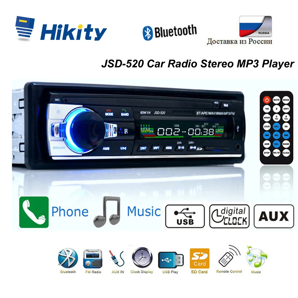 Hikity автомобильный радиоприемник с Bluetooth 12 в автомобильный стерео радио FM Aux-IN входной приемник SD USB JSD-520 In-dash 1 din автомобильный MP3