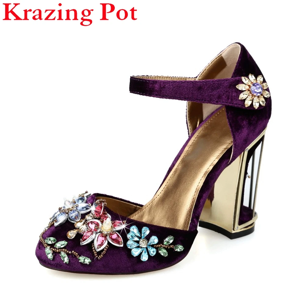 

Fashion Beading Flower Crystal Gladiator Birdcage High Heels Round Toe Ankle Strap Velvet Strange Women Runway Brand Shoes L70