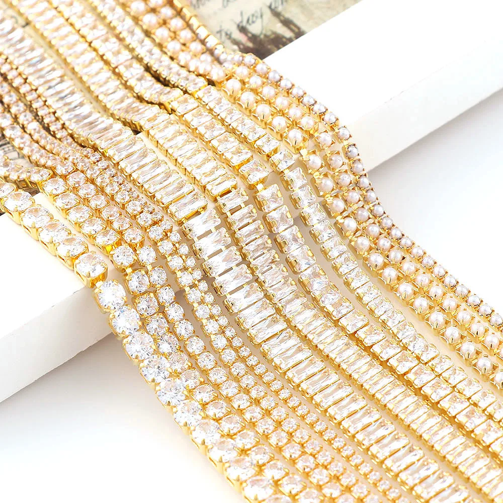 

1 Yard Shiny Nail Zircon Chain Nail Art Gold Base Pearl Chain Phototherapy Nail Ornament Nail Art Decorations DIY Jewelry